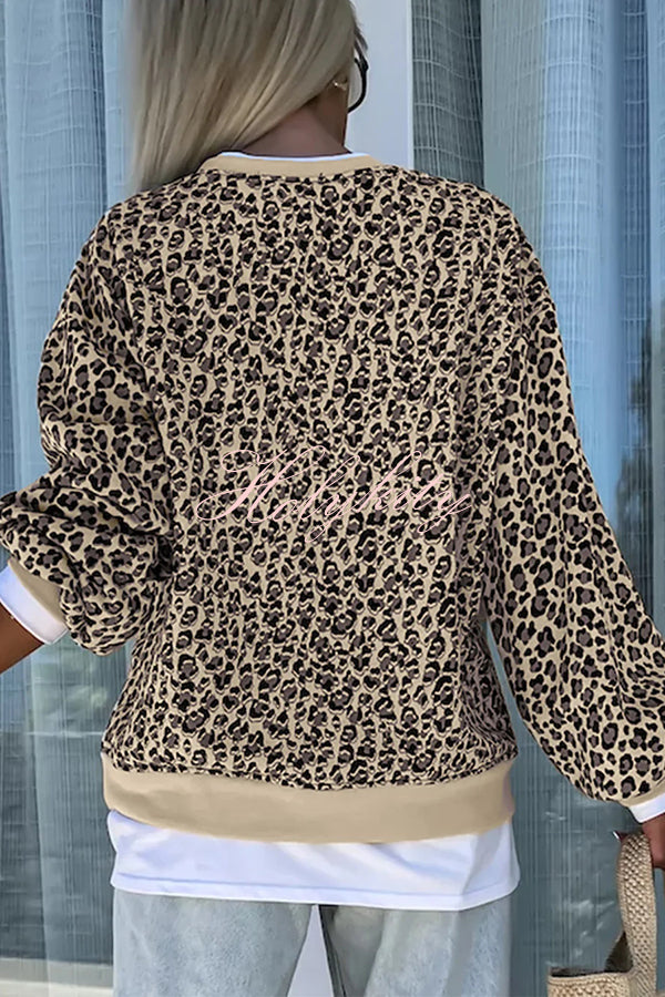 Leopard Print Crew Neck Patchwork Long sleeve Casual Loose Sweatshirt