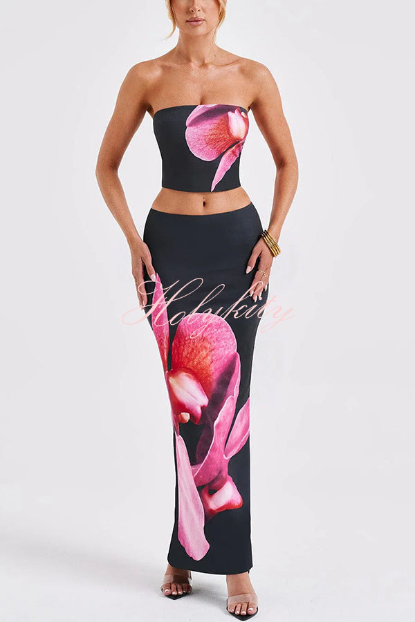 Allegra Abstract Floral Print Stretch Strapless Tank and Elastic Waist Maxi Skirt Set