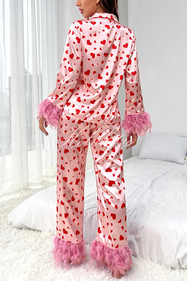 Cater To You Heart Printed Feather Trim Shirt Elastic Waist Pocket Pajama Set