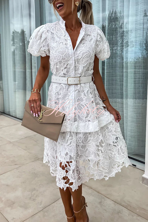 Absolutely Elegant Floral Crochet Lace Puff Sleeve Belted Shirt Midi Dress