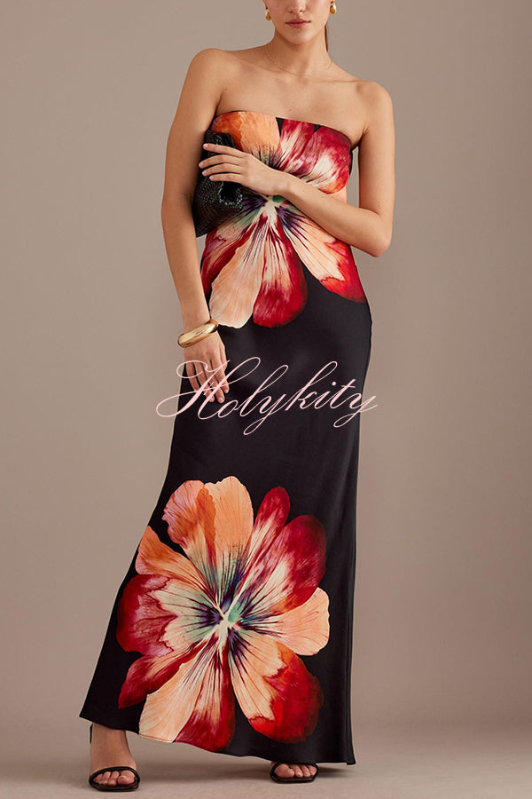 Charming Lady Satin Floral Print Bandeau Loose Maxi Dress