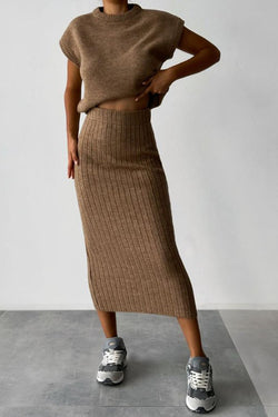 Triko Knit Short Sleeve Sweater and Stretch Ribbed Midi Skirt Set