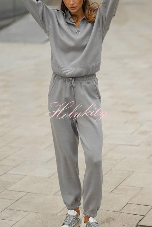 Solid Color Long-sleeved Zip-up Sweatshirt and Elastic Waist Loose Pocket Pants Set