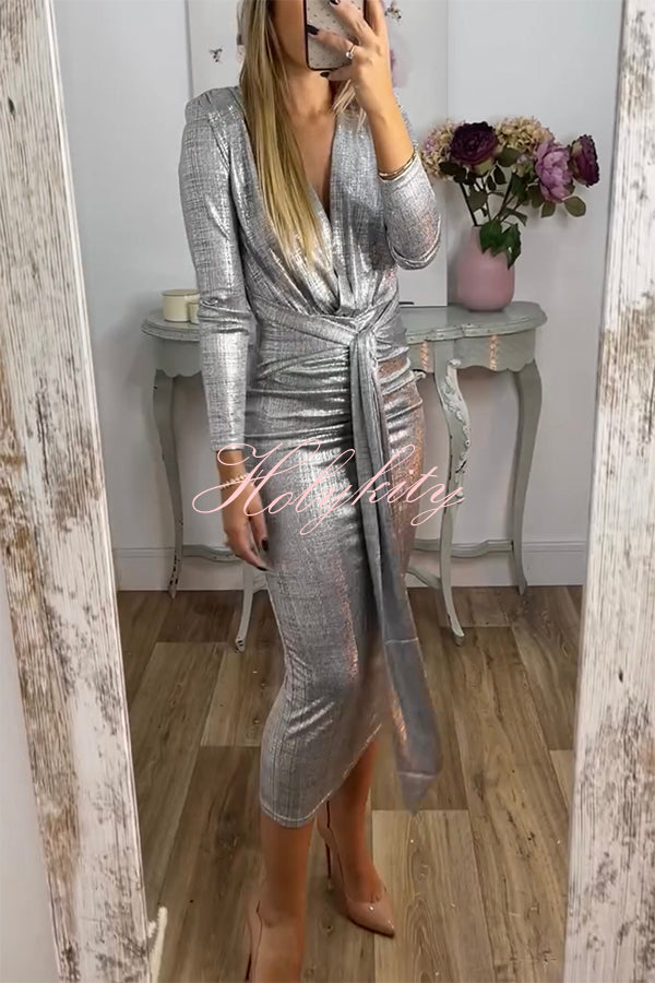 Shiny Lady Metallic Fabric Padded Long Sleeve Tie-up Ruched Midi Dress