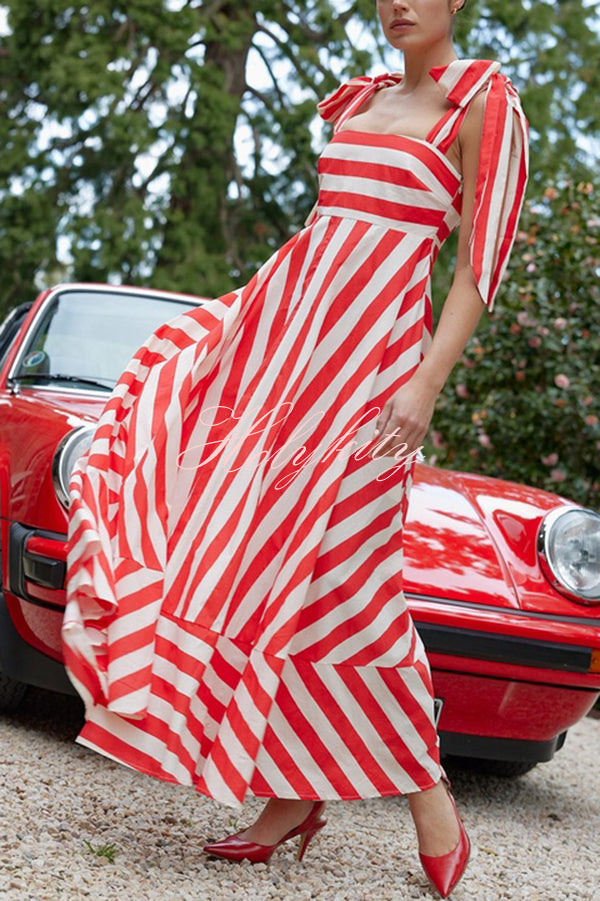 Treasured Times Stripe Print Tie-up Shoulder Pocketed A-line Maxi Dress