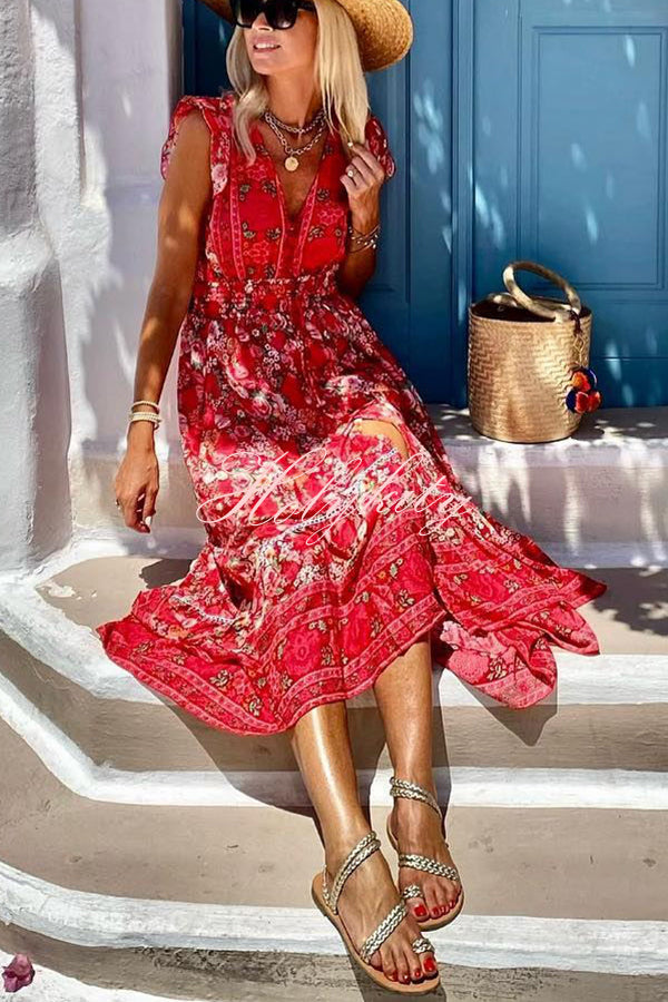 Summer in Greece Boho Print Ruffle Sleeve Elastic Waist High-low Midi Dress