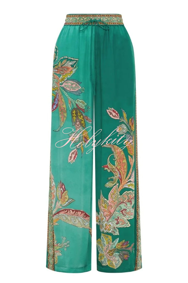 Somewhere Sunny Satin Botanical Print Elastic Waist Pocket Wide Leg Pants