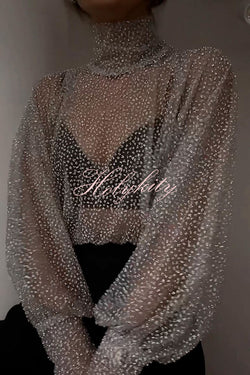 Wear Tool Glitter Decoration Mesh High Neck Lantern Sleeve Blouse