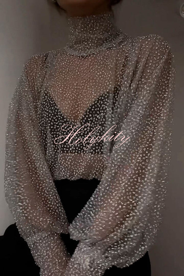 Wear Tool Glitter Decoration Mesh High Neck Lantern Sleeve Blouse