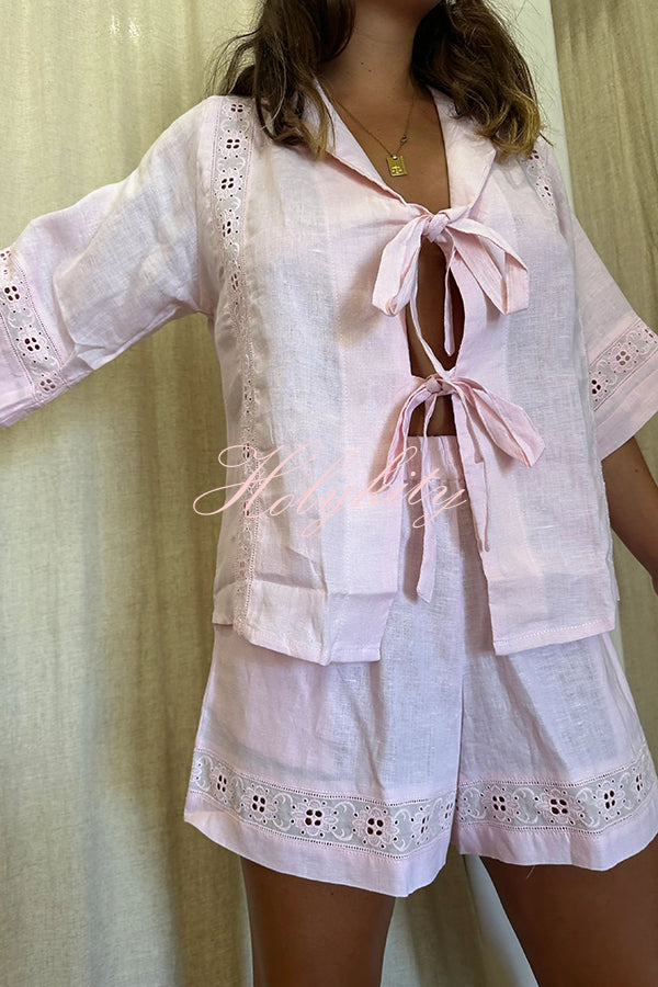 Celebrate Vacation Linen Blend Lace Splicing Tie-up Shirt and Elastic Waist Pocketed Shorts Set