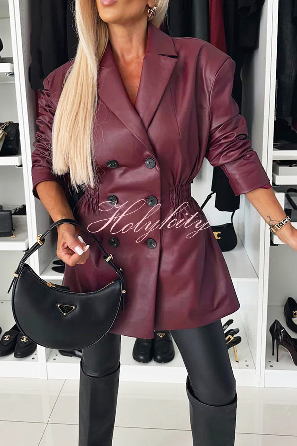 Fashionable Items Faux Leather Button Up Elastic Waistband Lapel Blazer