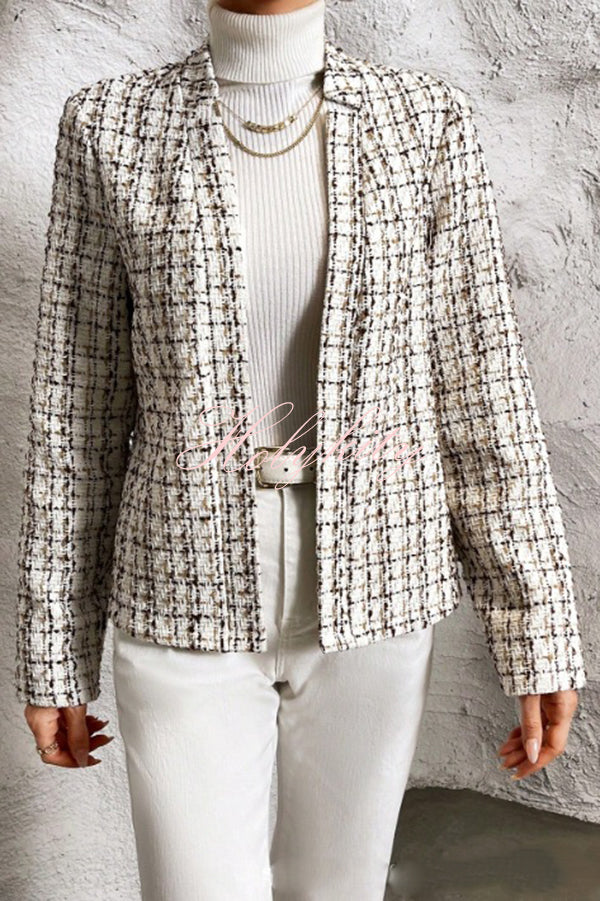 Ask You Out Tweed Plaid Long Sleeve Open Front Blazer