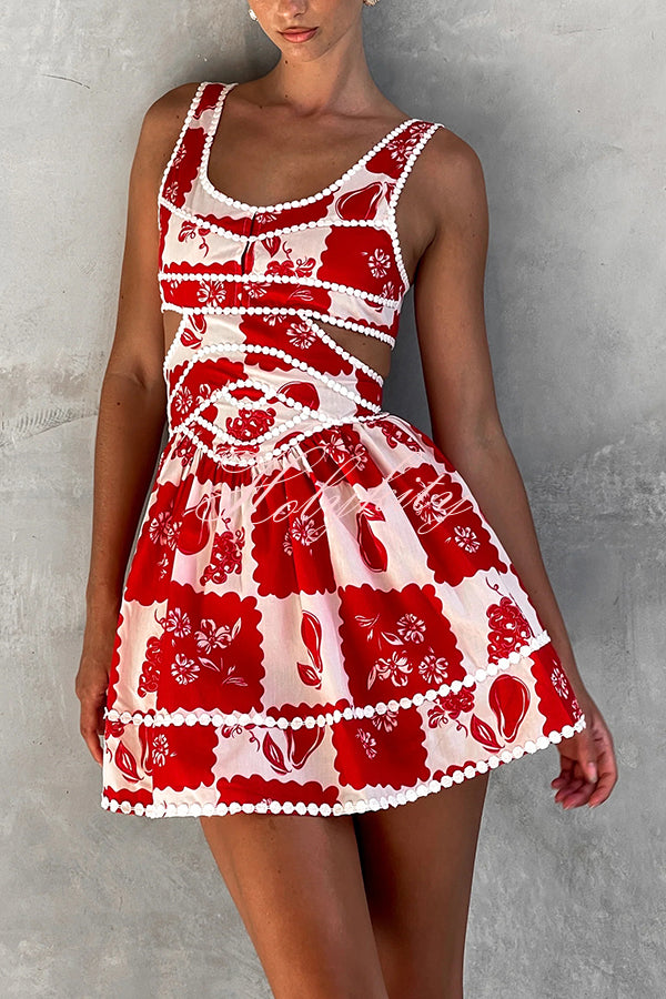 Holiday Colors Ric Rac Trims Unique Print Cutout Round Neck Mini Dress