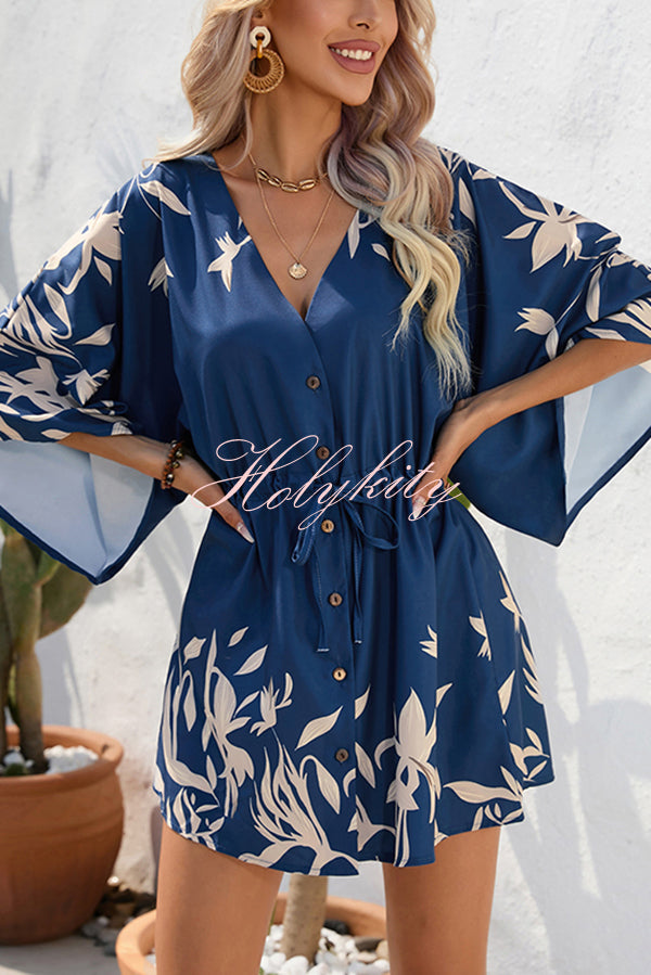 Botanical Print Button Drawstring Waist Dolman Sleeve Loose Romper