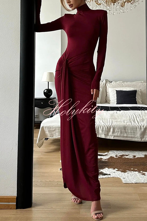 Luxe Silhouette High Neck Shoulder Pads Drape Stretch Maxi Dress