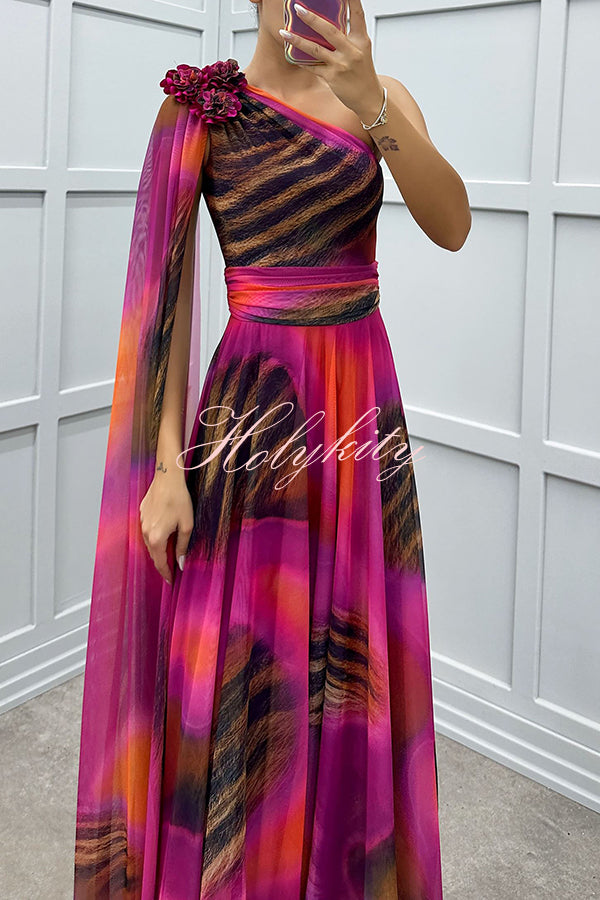 Lucia Unique Print Floral Detail One Shoulder Draped Sleeve Gown Maxi Dress