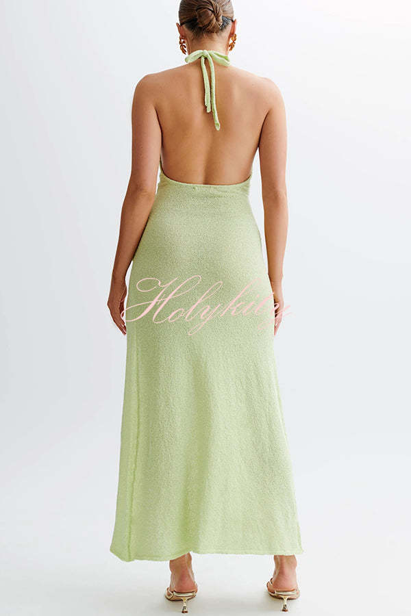 Linnie Knit Flower Pendant Halter Backless Slit Stretch Maxi Dress