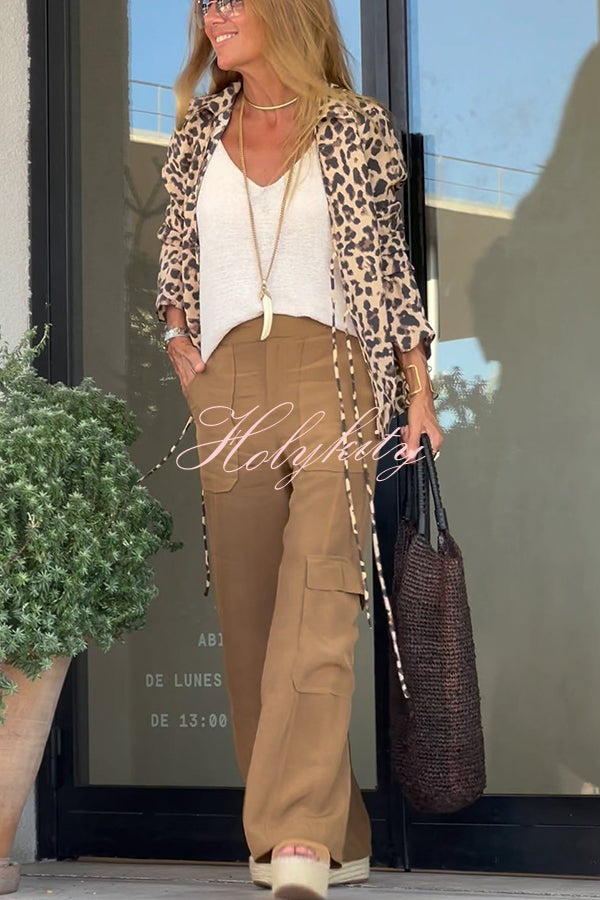 Edith Leopard Print Front Lace-up Long Sleeve Loose Blouse