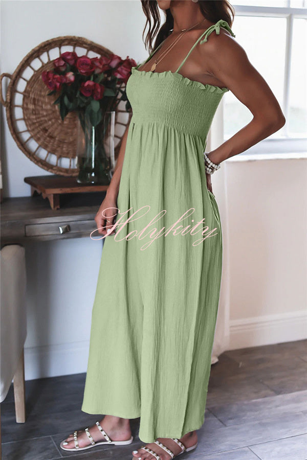 Elegant Solid Color High Waist Linen Blend Suspender Pleated Jumpsuit