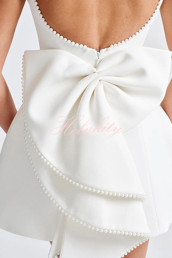 Stylish Pearl-embellished Large Bow Slim-fit Mini Dress