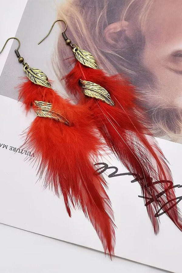 Vintage chain tassel bohemian feather earrings