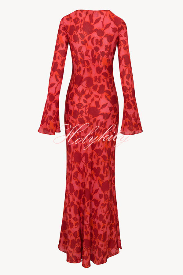 Gia Unique Print Boat Neck Long Bell Sleeve Bias Cut Maxi Dress