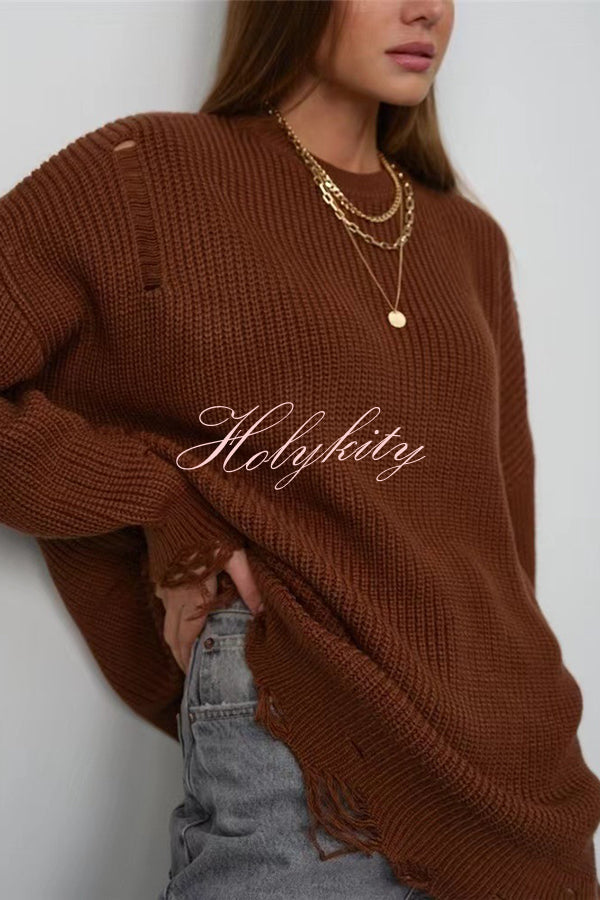 Solid Color Loose Ripped Knitted Mid-length Sweater