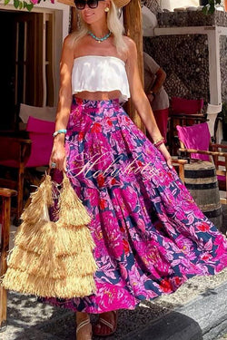 Floral Fantasy Printed High Rise  Back Elastic Waist Maxi Skirt