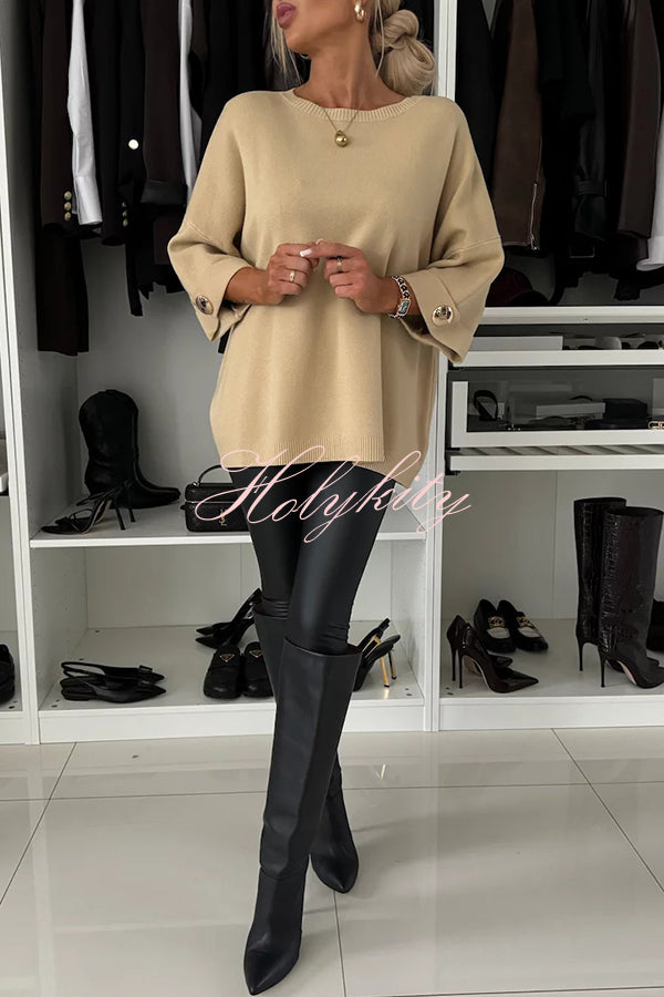 Elegance and Modern Knit Button Detail Half Sleeve Loose Sweater