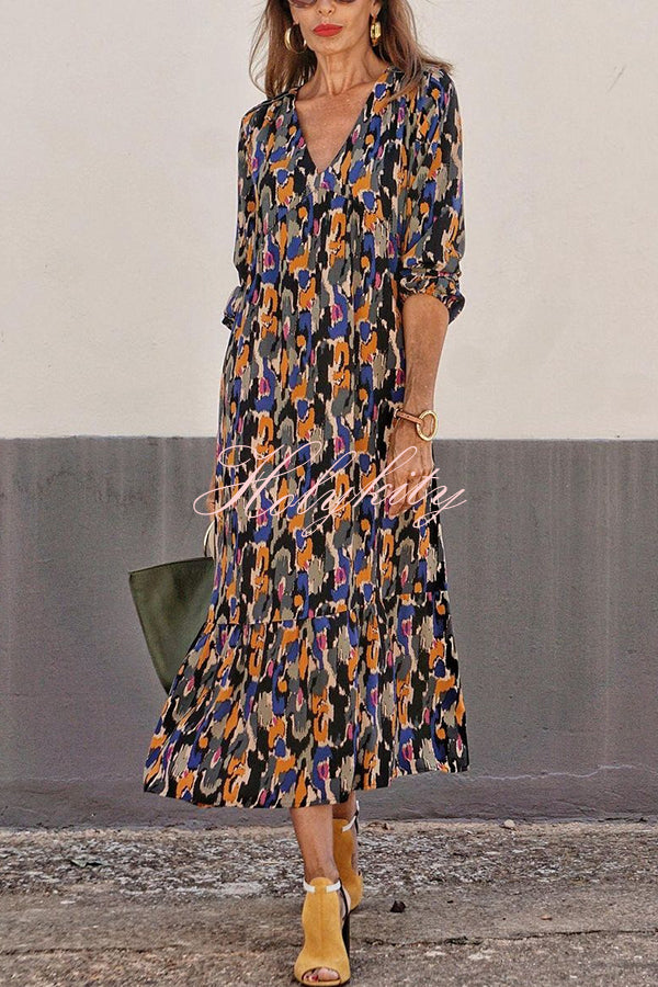 Multicolor Color Block Print V-neck Loose Resort Midi Dress