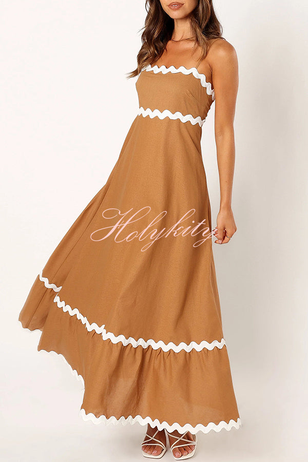 Bayside Beauty Wave Trim Patchwork Back Smocked Suspender Maxi Dress