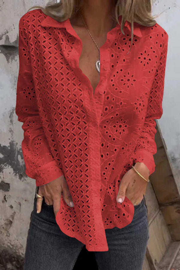 Solid Color Cutout Long-sleeved Loose Button-down Shirt