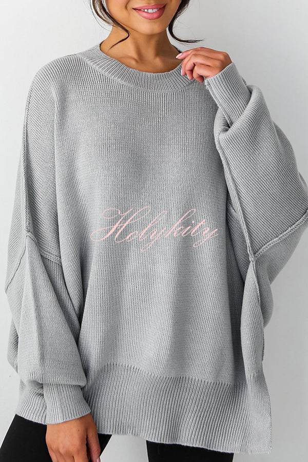 Distressed Knit Side Slit Long Sleeve Pullover Sweater