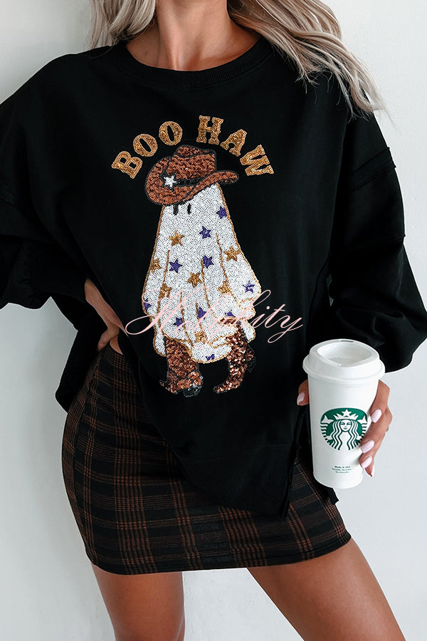 Halloween Ghost Sequin Print Casual Loose Sweatshirt