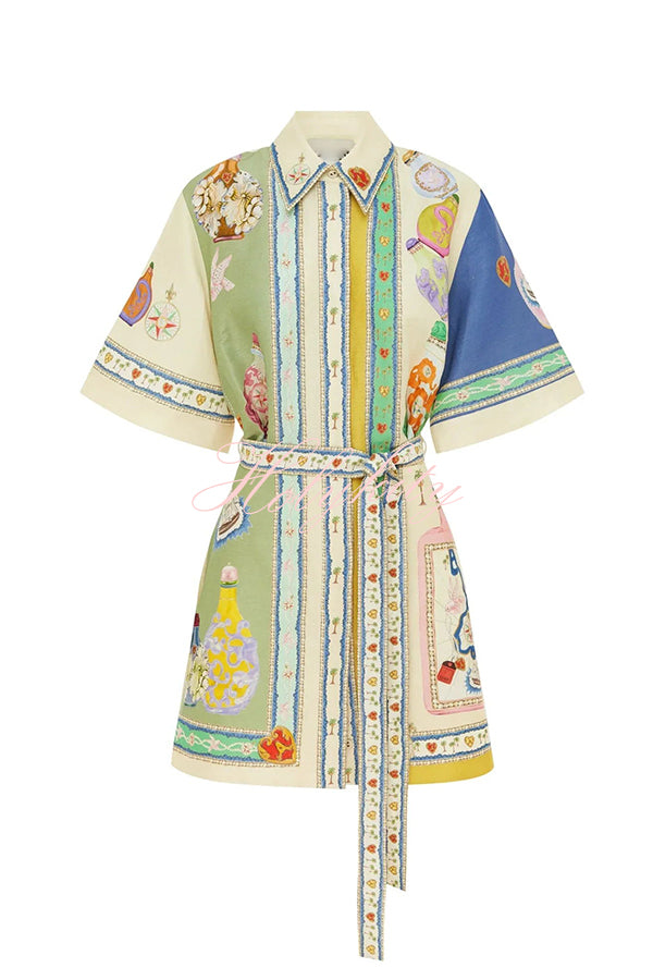 Deva Linen Blend Unique Print Bell Sleeve Belted Pocket Shirt Mini Dress