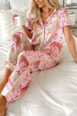 Sleeping Tiger Satin Elastic Waist Pocketed Pajama Pants Set