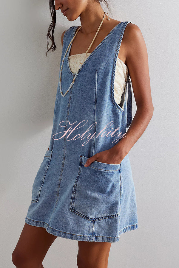 Solid Color Sleeveless V-neck Pocket Adjustable Denim Suspender Mini Dress