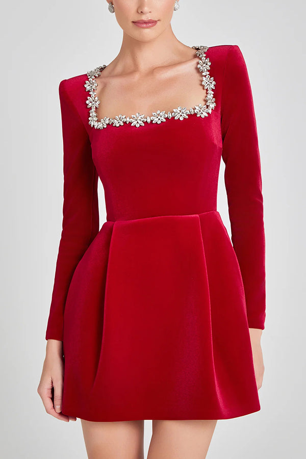 Endless Celebration Velvet Jewel Embellished Trim Long Sleeve Pocketed Mini Dress