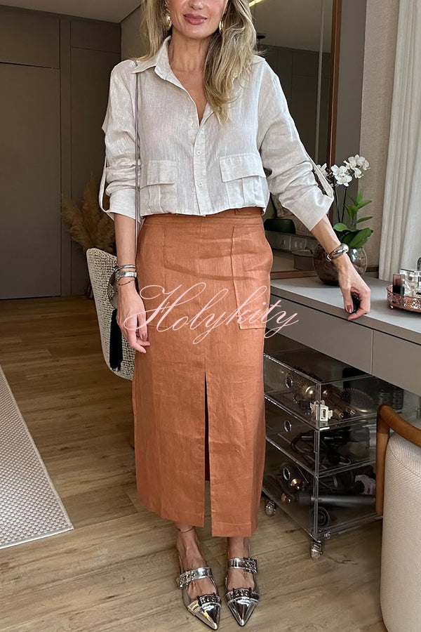 Fiona Linen Blend Pocket Crop Shirt and Elastic Waist Pocket Slit Midi Skirt Set