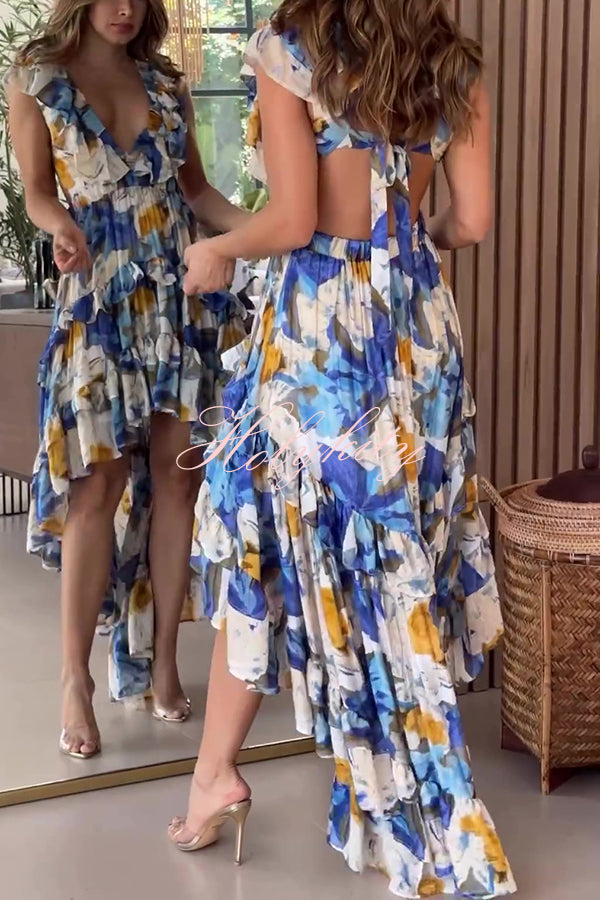 Boho Floral Print Sexy V-neck Backless Resort Maxi Dress