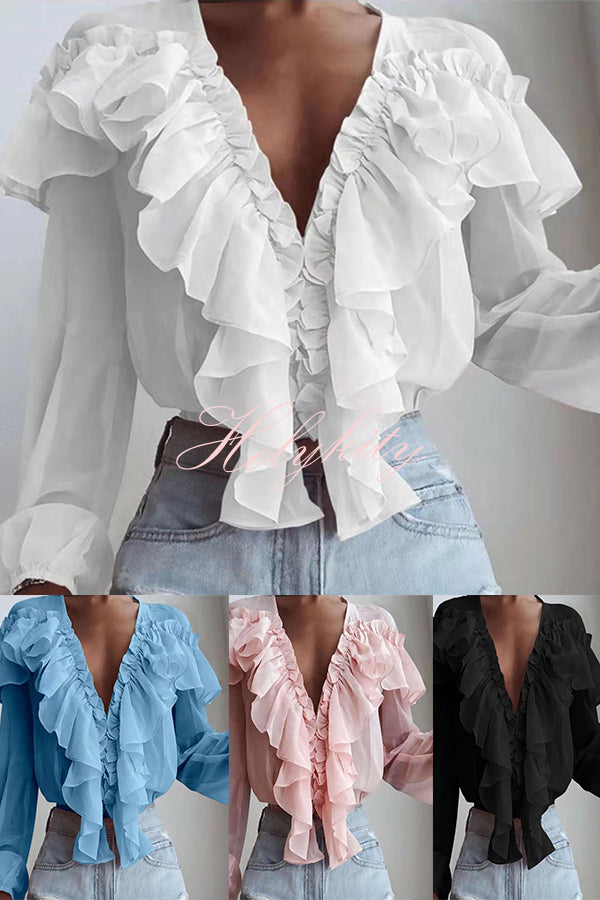 Spliced ruffled V Neck Pleated Long Sleeved Top