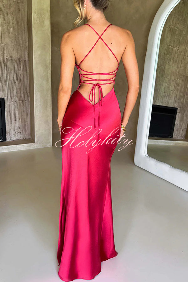 Satin Solid Color Sexy Backless Lace Up High Slit Maxi Dress