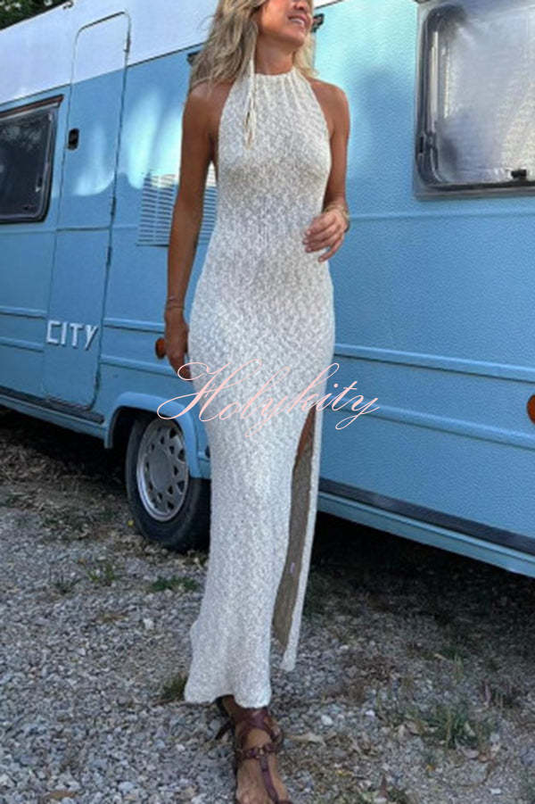 Sexy Backless Halter Neck Slim High Slit Knit Maxi Dress