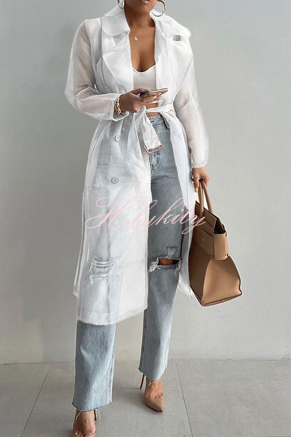 Solid Color Patchwork Button Belt Pocket Long Sleeve Coat