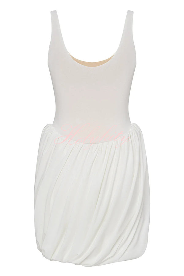 Inspiring Allure Puffy Pleated Draped Trim Tank Stretch Mini Dress