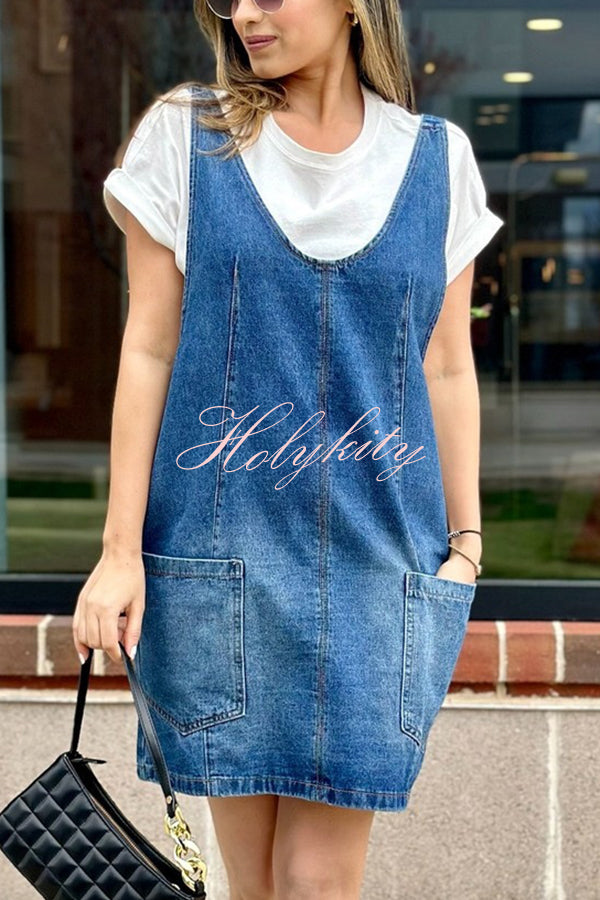 Solid Color Sleeveless V-neck Pocket Adjustable Denim Suspender Mini Dress