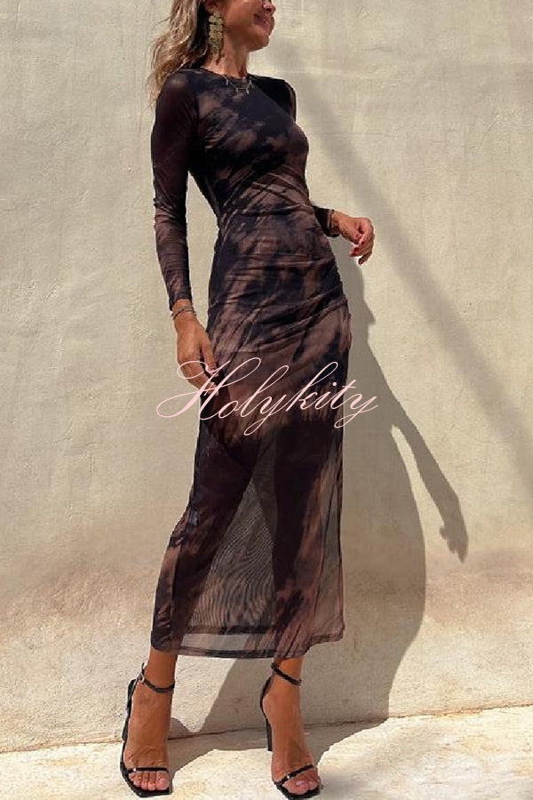 Charm Lady Mesh Overlay Tie Dye Print Long Sleeve Ruched Stretch Midi Dress