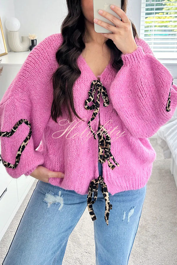 Fashionable Loose Long-sleeved Leopard Print Lace-up Knitted Sweater Cardigan