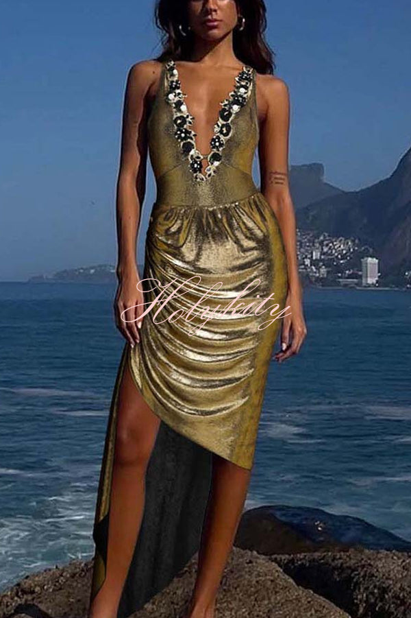 Solid Color Shiny Fabric Deep V Metal Embellished Stretch One-piece Swimsuit