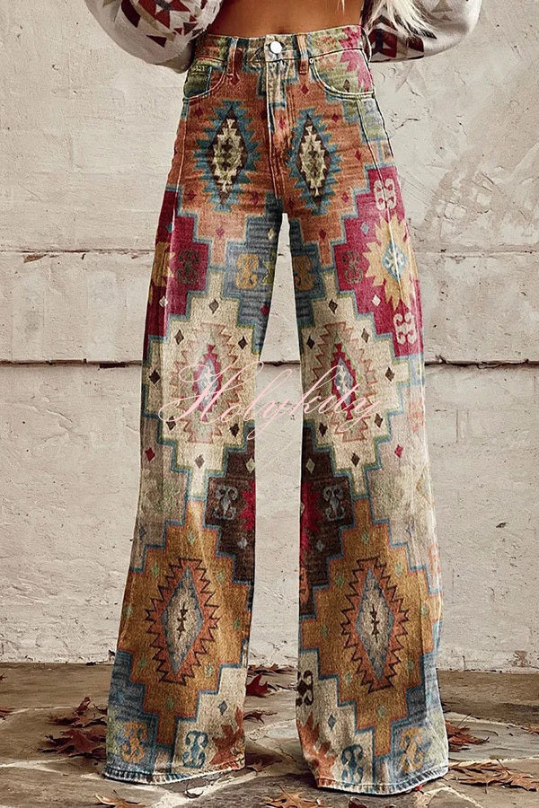 Beautiful Unique Print Button Pocket Wide Leg Pants